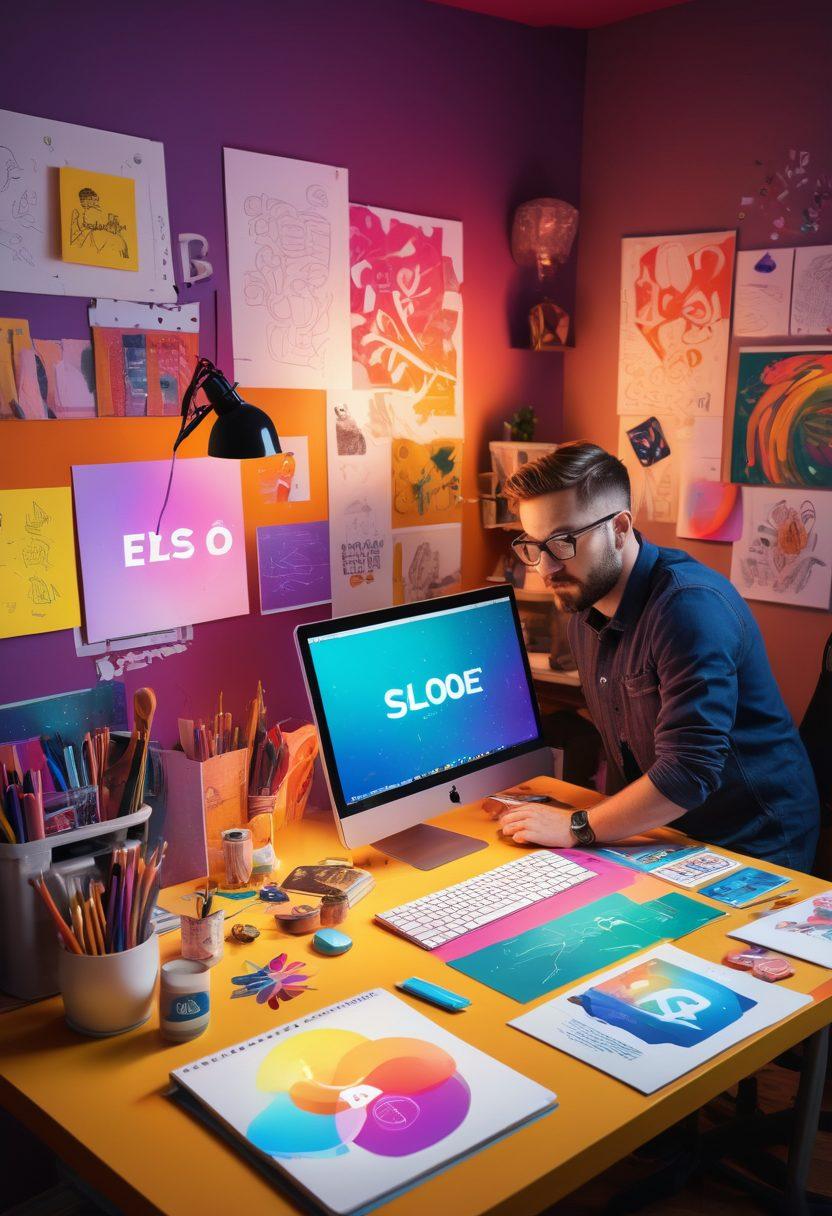 A creative workspace scene showcasing a designer at a colorful desk, surrounded by logo drafts, design tools like a graphic tablet, and color palettes. Display a glowing computer screen with a logo design in progress, while sketches and notes are scattered around. The atmosphere should feel inspiring and dynamic, reflecting the essence of impactful visual branding. vibrant colors. 3D.