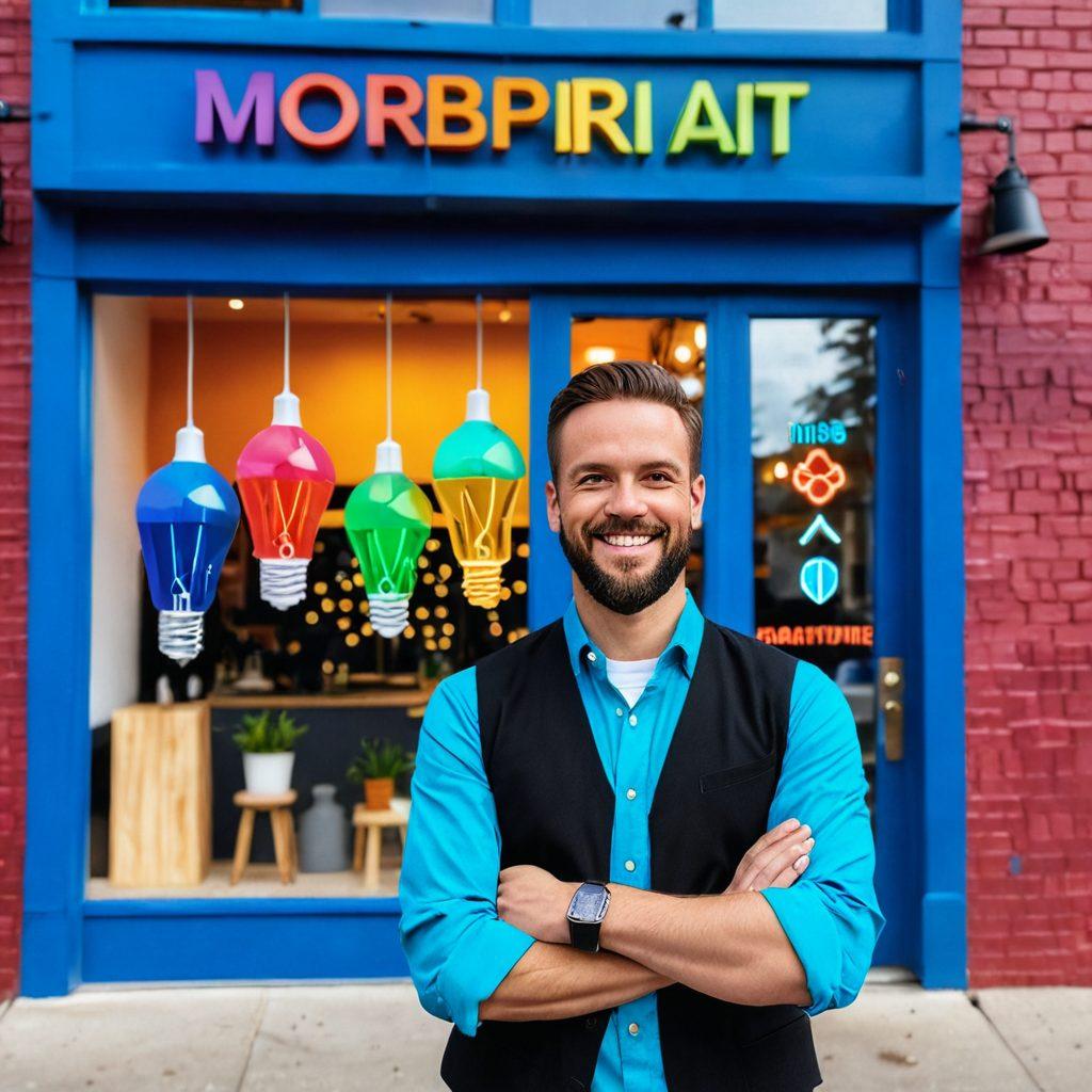 A small business owner standing confidently in front of a colorful storefront, holding a blueprint that transforms into a vibrant logo. Surrounding elements include a glowing light bulb representing ideas, tools for design, and happy customers. The background features dynamic geometric shapes symbolizing growth and creativity. super-realistic. vibrant colors. modern design.