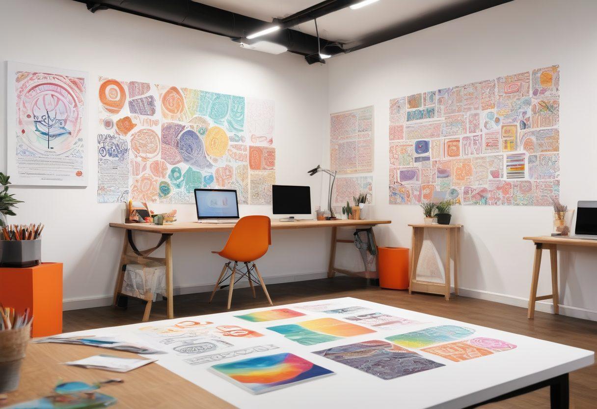 A creative workspace showcasing a designer sketching various unique logo concepts on paper. Colorful branding materials spread around, including mockups and digital devices displaying modern logos. A vibrant palette of colors symbolizes creativity and identity. Include inspirational quotes and finished logo designs in the background, enhancing the theme of professional branding solutions. bright colors. digital painting. modern style.